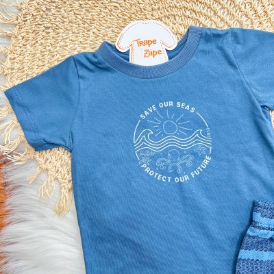 Conj. Camiseta Save our Seas e Bermuda - Azul Jeans